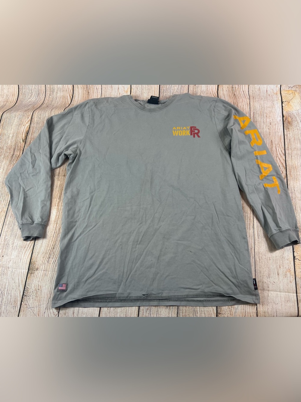 Men Ariat FR Fire Resistant Logo Crew Neck Long Sleeve Grey Work Shirt Size XL